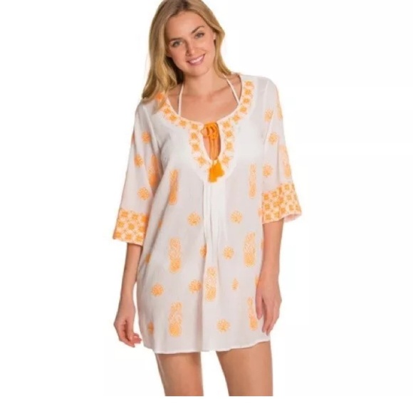 Trina Turk XS Bright Orange and White Swim Cover Up With Tassels. - Picture 2 of 6
